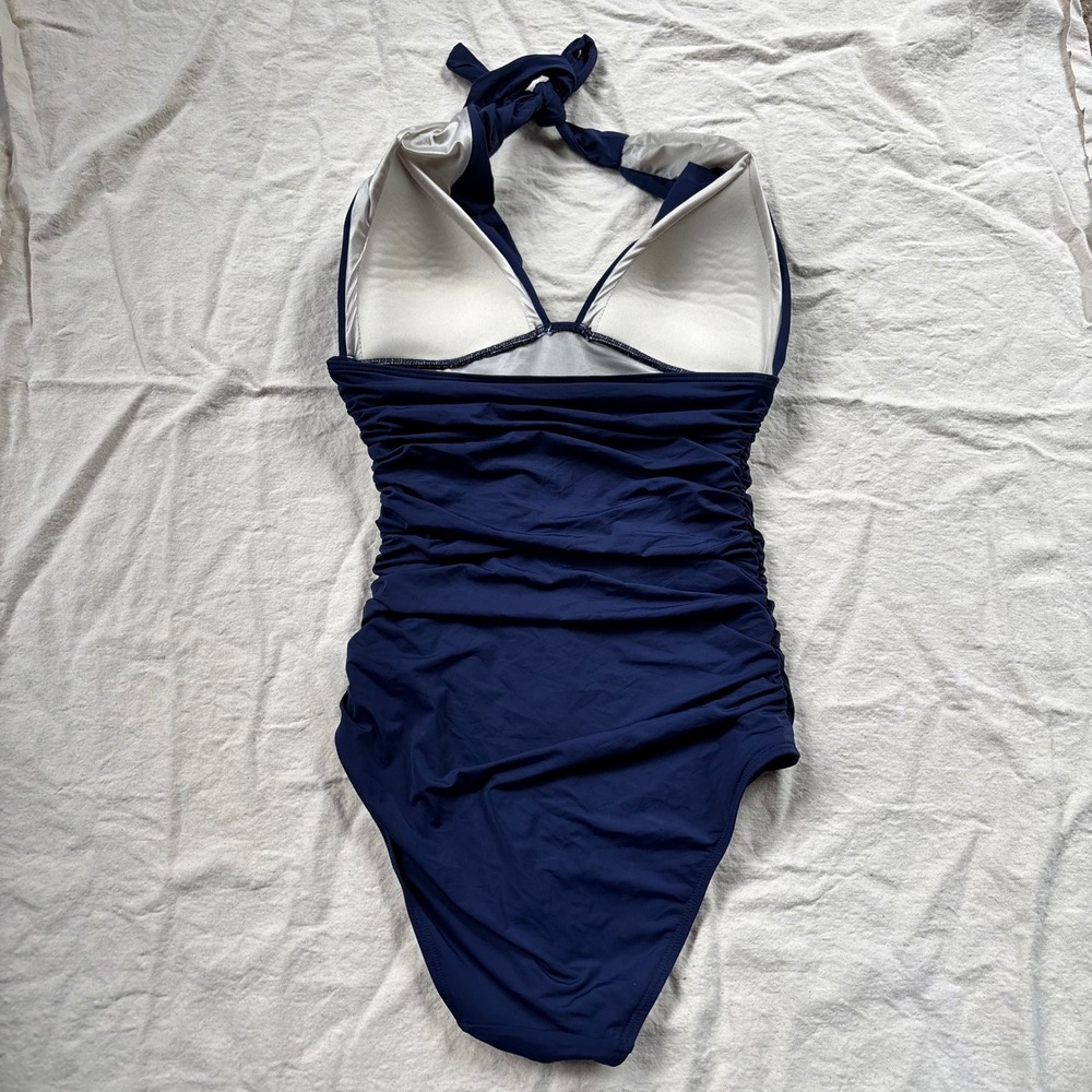 Victoria's Secret Navy Blue Ruched Halter One Piece Swimsuit Small Tummy Control - Picture 2 of 4